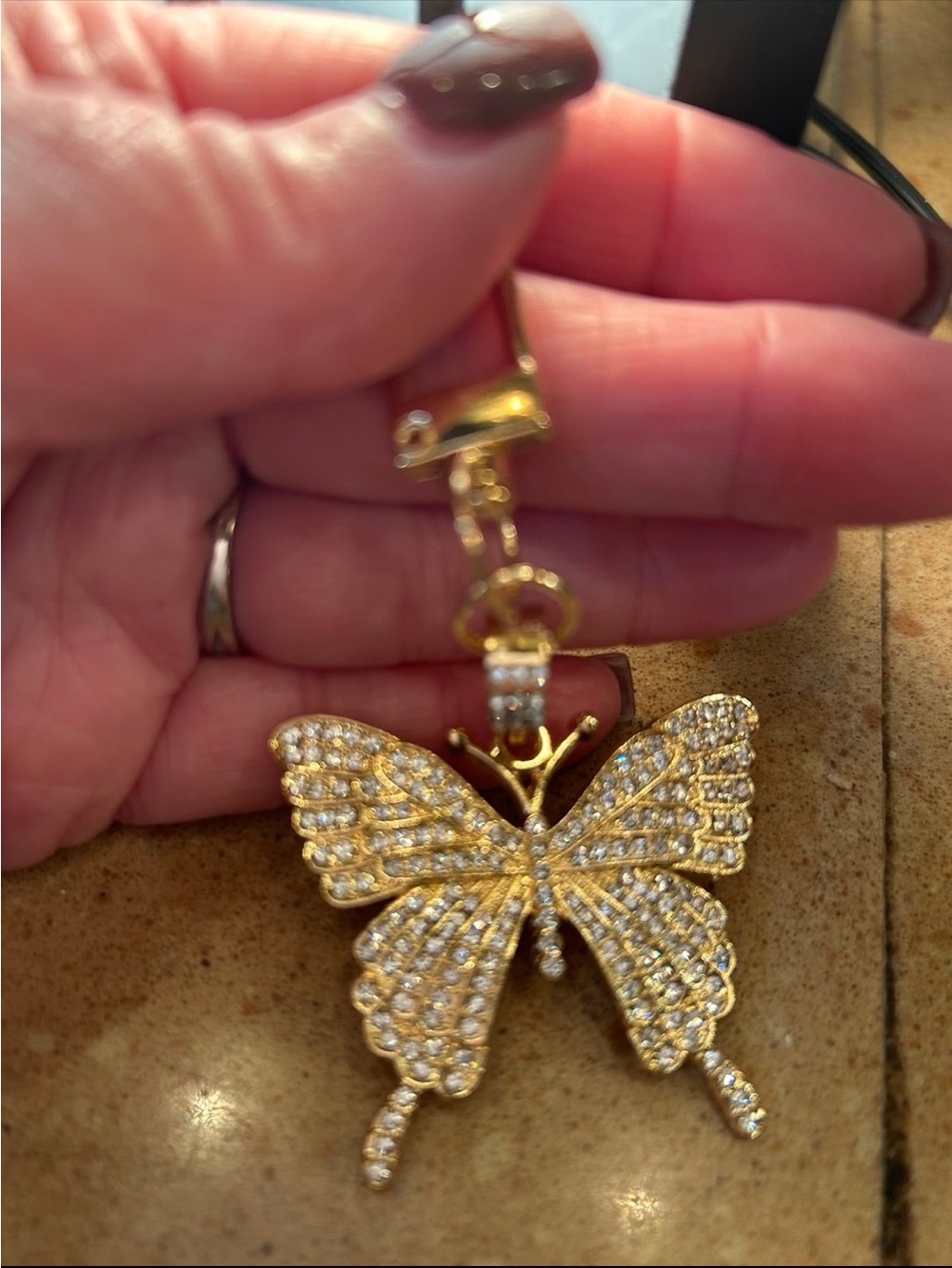 Gold Crystal Butterfly Pendant New In Package, Pocketbook Bag Charm Or Keychain